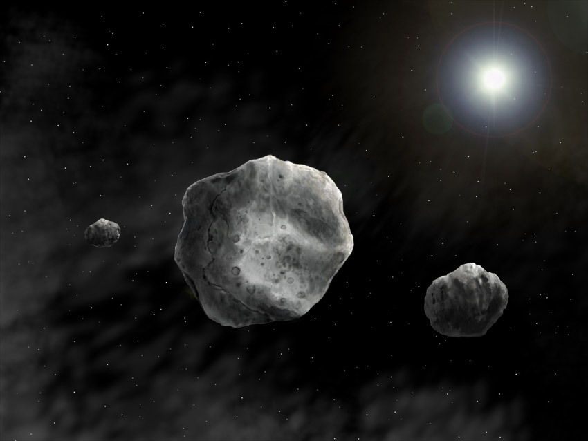 Artist impression of the triple system 93 Minerva (the large primary at the center and its two moons) (image courtesy: Danielle Futselaar)