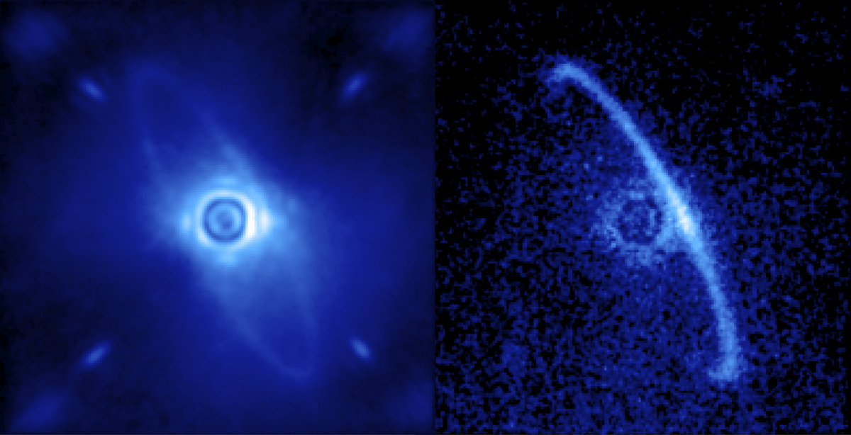 Gemini Planet Imager’s first light image of the light scattered by a disk of dust orbiting the young star HR4796A. This narrow ring is thought to be dust from asteroids or comets left behind by planet formation; some scientists have theorized that the sharp edge of the ring is defined by an unseen planet. The left image (1.9-2.1 microns) shows normal light, including both the dust ring and the residual light from the central star scattered by turbulence in the Earth’s atmosphere. The right image shows only polarized light. Leftover starlight is unpolarized and hence removed from this image. The light from the front edge of the disk is strongly polarized as it scatters towards us. Image credit: Processing by Marshall Perrin, Space Telescope Science Institute