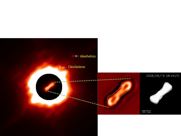 An image of the asteroid Kleopatra taken by the W.M. Keck II telescope and its adaptive optics, after processing. The asteroid, shaped like a dog bone, has two moons, the outer Alexhelios and the inner Cleoselene. The shape of the asteroid is in agreement with the radar-based model shown on the rightmost image.