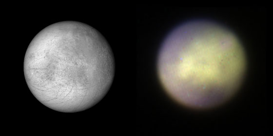 Comparison of Europa observed with Gemini Planet Imager in K1 band on the right and visible albedo visualization based on a composite map made from Galileo SSI and Voyager 1 and 2 data (from USGS) on the left. While GPI is not designed for ‘extended’ objects like this, its observations could help in following surface alterations on icy satellites of Jupiter or atmospheric phenomena (e.g. clouds, haze) on Saturn’s moon Titan. The GPI near-infrared color image is a combination of 3 wavelength channels. Image credit: Processing by Marshall Perrin, Space Telescope, Science Institute and Franck Marchis, SETI Institute