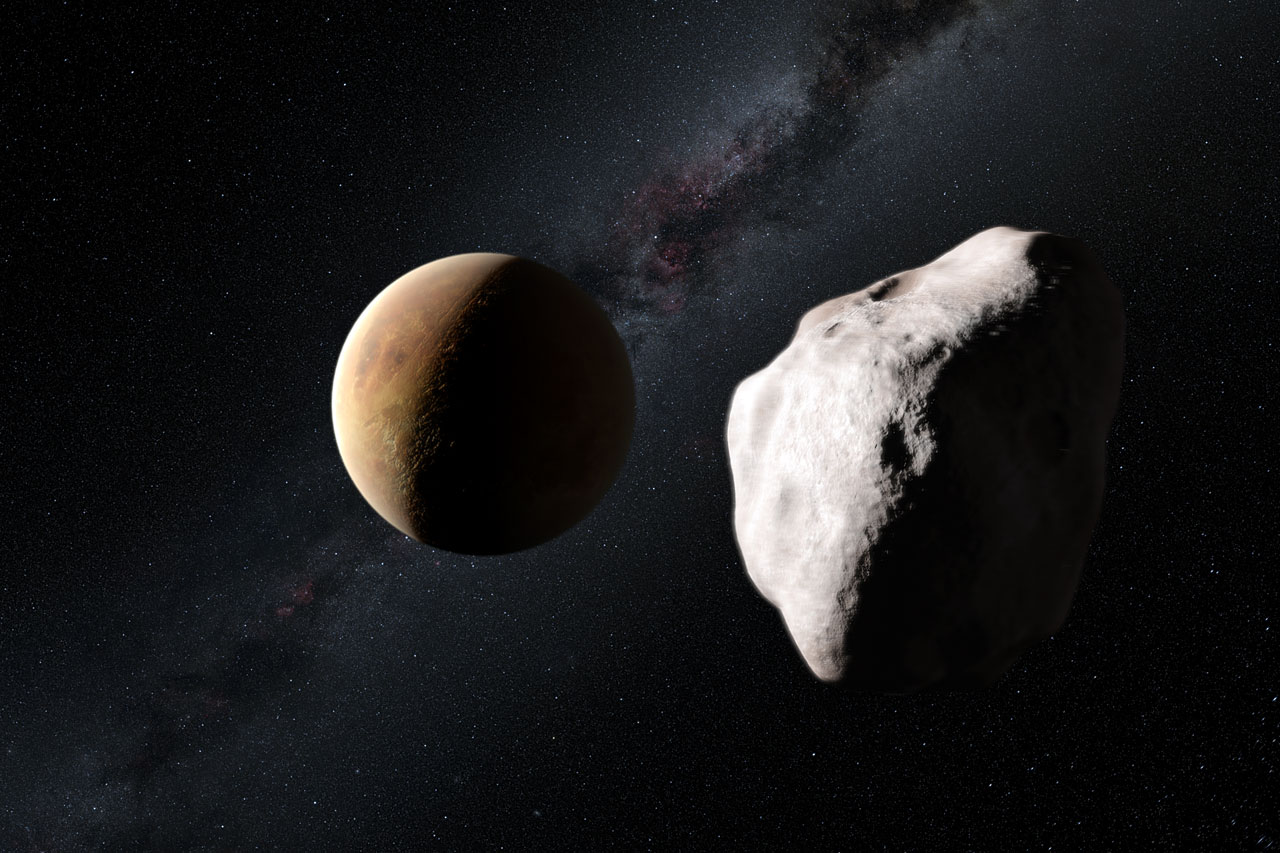 This artist’s impression shows an event in the early history of the Solar System that may explain how the unusual asteroid Lutetia came to now be located in the main asteroid belt, between Mars and Jupiter. Lutetia is seen passing close to one of the very young rocky planets about four billion years ago and having its orbit drastically altered. Its unusual spectral properties indicate that Lutetia started life as a fragment of the material that was forming the inner planets but it is now found to be an interloper much further from the Sun. Credit: ESO/M. Kornmesser and Nick Risinger