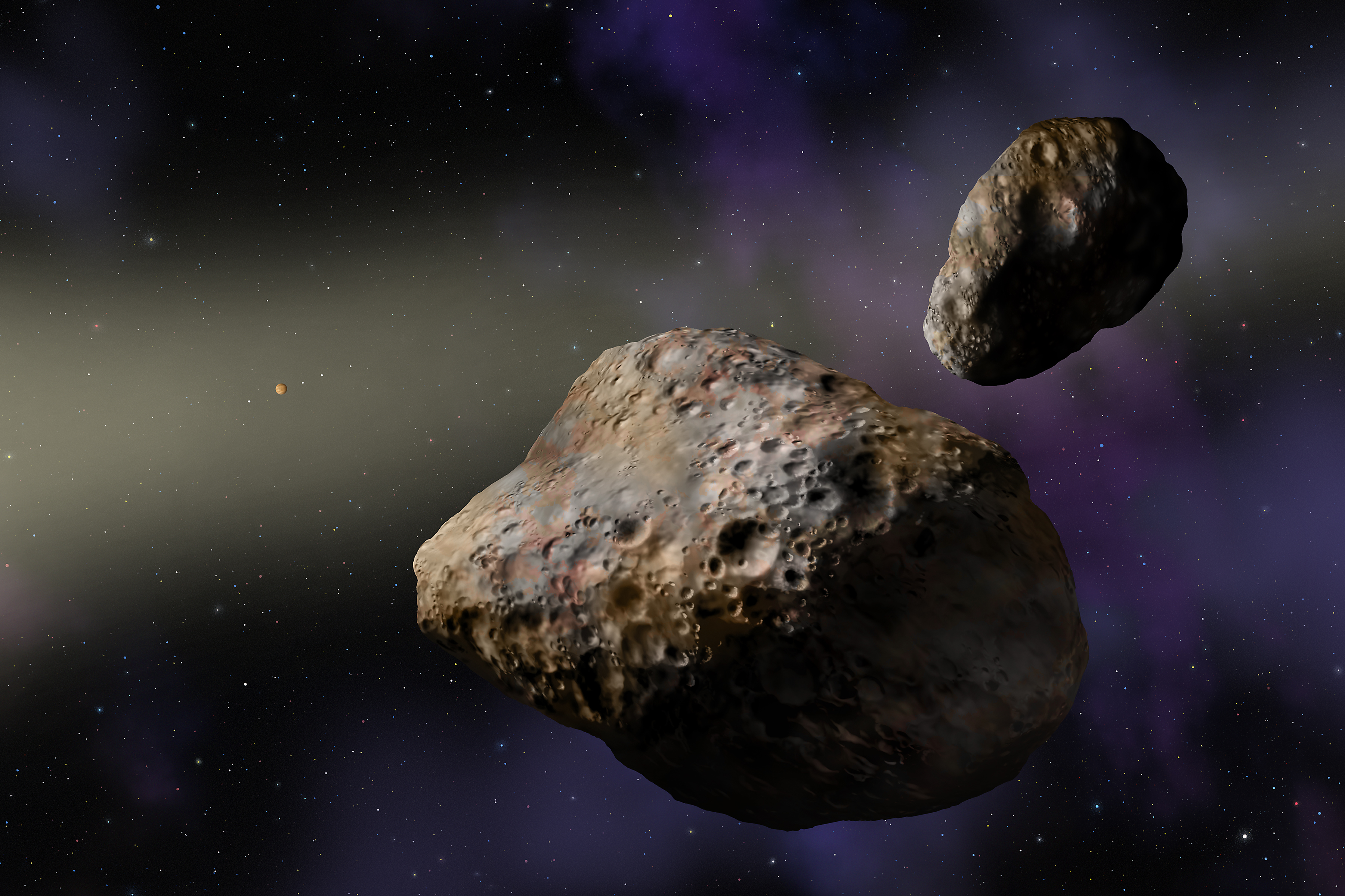 Artist's rendering of the binary asteroids Patroclus (center) and Menoetius. Jupiter and its four Galilean satellites are visible in the distance, while the sun is out of sight to the left. The dirty snowballs probably are fugitives from the Kuiper Belt now hanging out in Jupiter's orbit. (Credit: W. M. Keck Observatory/Lynette Cook)