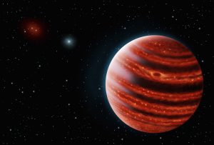 An artistic conception of the Jupiter-like exoplanet, 51 Eri b, seen in the near-infrared light that shows the hot layers deep in its atmosphere glowing through clouds. Because of its young age, this young cousin of our own Jupiter is still hot and carries information on the way it was formed 20 million years ago. credits: Danielle Futselaar & Franck Marchis, SETI Institute