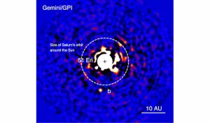 Discovery image of 51 Eri b with the Gemini Planet Imager taken in the near-infrared light on December 18 2014. The bright central star has been mostly removed by a hardward and software mask to enable the detection of the exoplanet one million times fainter. Credits: J. Rameau (UdeM) and C. Marois (NRC Herzberg)